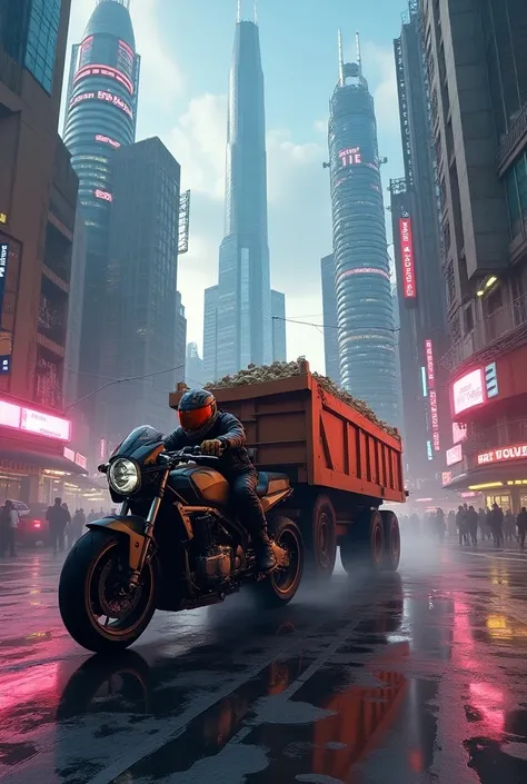  It creates a city of architectural and futuristic designs and that a dump truck goes on its streets carrying food outside and next to it accompanied by a high-cylinder motorcycle, all this in great detail and that in that city it has neon signs  