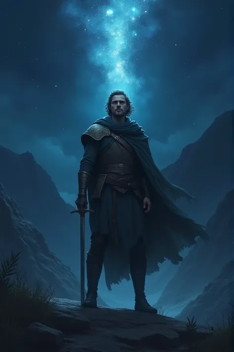 Gideon , in a nighttime scene ,  is alone and seems hesitant ,  holding a sword with an expression of doubt . In the background,  a vast, dark mountainous landscape with a soft glow of stars . Uma luz celestial ilumina Gideon ,  as if an invisible presence...