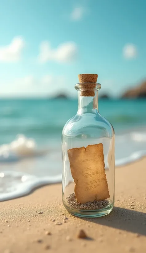 A bottle with a small brown letter on the beach.
