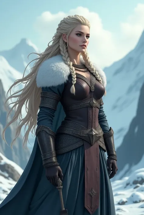 Viking 3D anime woman with two braids light hair Viking queen
