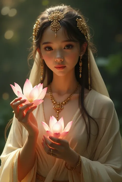 Create a breathtaking 3D digital painting of an apsaras, an ethereal celestial beauty from ancient mythology, delicately holding a blooming lotus flower in one hand. She has an enchanting, youthful face with a gentle expression, adorned with intricate jewe...