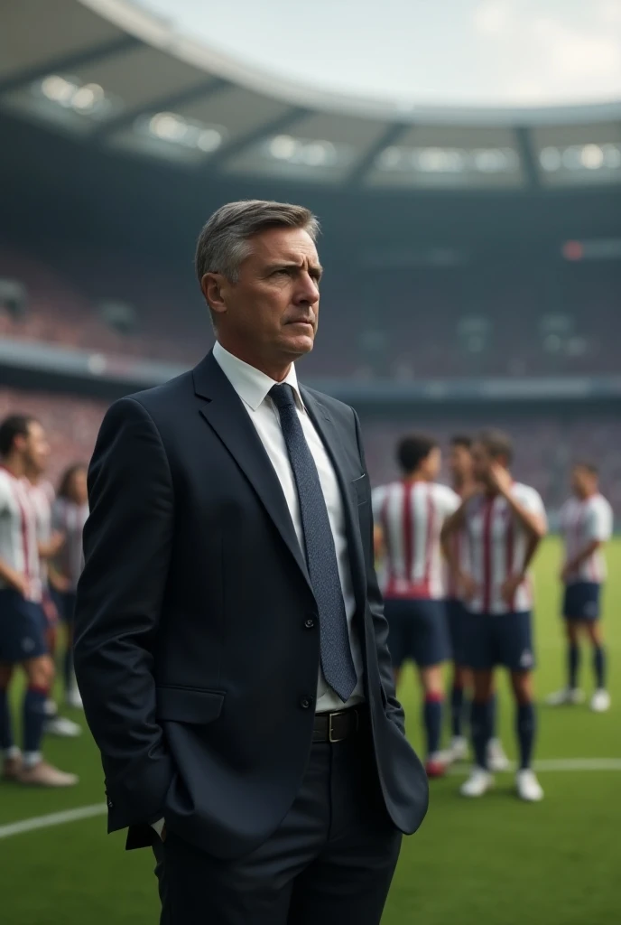 a soccer coach in a suit following your teams soccer match. 