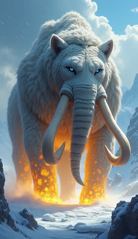 create a 9:16 powerrealistic image of a giant, angry hybrid creature combining the elements of a mammoth with legendary yellow powers and a snow leopard with ultra-powerful blue powers
