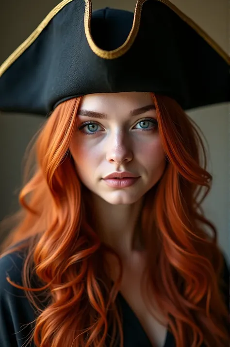 Beautiful girl with long red hair ,  wearing pirate hat professional makeup artist 