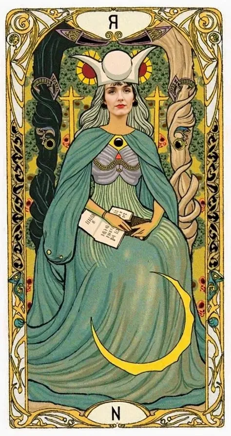  Imagine a detailed and symbolic painting that represents the Tarot card  "To the High Priesthood",  with the character Renata from the series  *The OA*  such as the central figure .  The scene takes place in a mystical and ethereal space ,  that mixes nat...