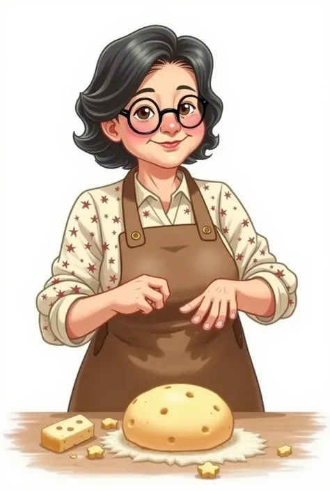 A 65-year-old grandmother drawn with a kind face,  a smile and some wrinkles .  She has black hair up to her shoulders .  She wears an apron over a floral blouse .  She wears single-frame glasses ,  has her hands full of fingers or little ones . The backgr...