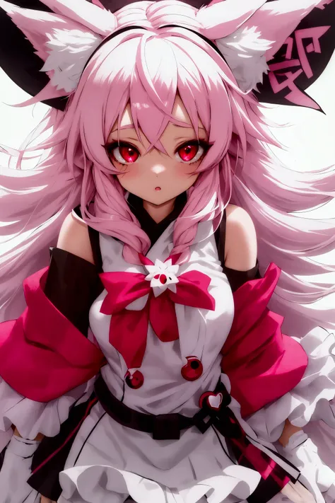 cute girl, wearing fox ear headband, pink and white hair , full image, clear view, black and red eyes