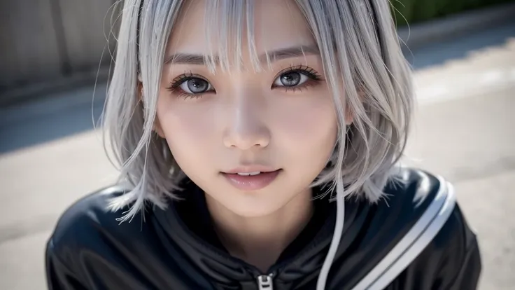 Best Quality, Best Quality, 16k quality,  one woman, Silver Hair,  short wavy hair,  Japanese Women,  MAKEUP , Gal, sadistic, Double teeth,  realistic skin texture, Dirty face, Black clothes, whole body, Silvery fine eyebrows ,  ultra-wide-angle lens that ...