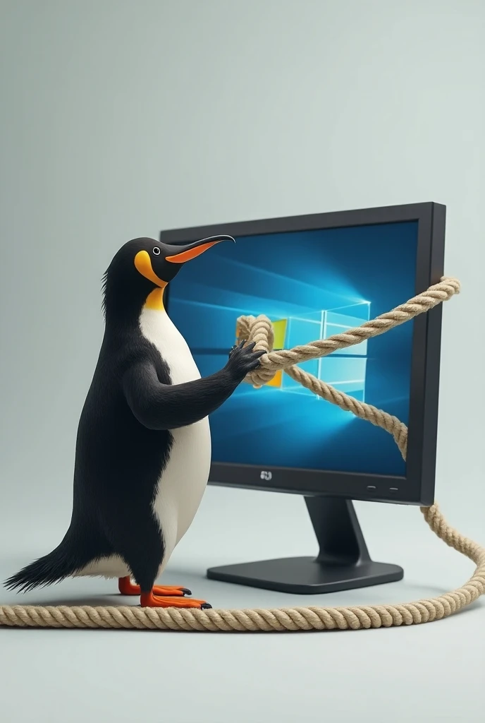 Create an image of a pinguin tearing a rope on a monitor with the Windows symbol