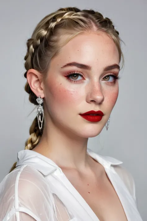 Create the image of a very white woman , with pointed elf ears,  red eyes, makeup and red lipstick, freckles,  blond hair half tied in a braided bun and half loose, wearing silver earrings and snobbish expression 