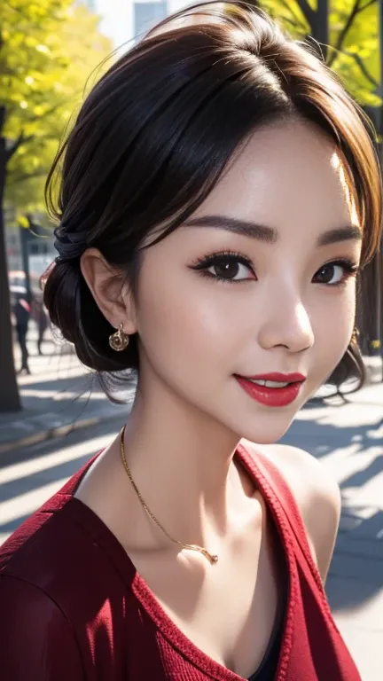 (a portrait with sharp focus and crisp quality, highlighting the subjects facial features, 8k), (from front, upper body, look at viewer), ( focusing on her upper body:1.4)、Natural skin-colored foundation 、30-year-old Chinese beauty 、Front View:1.4、Black Ha...