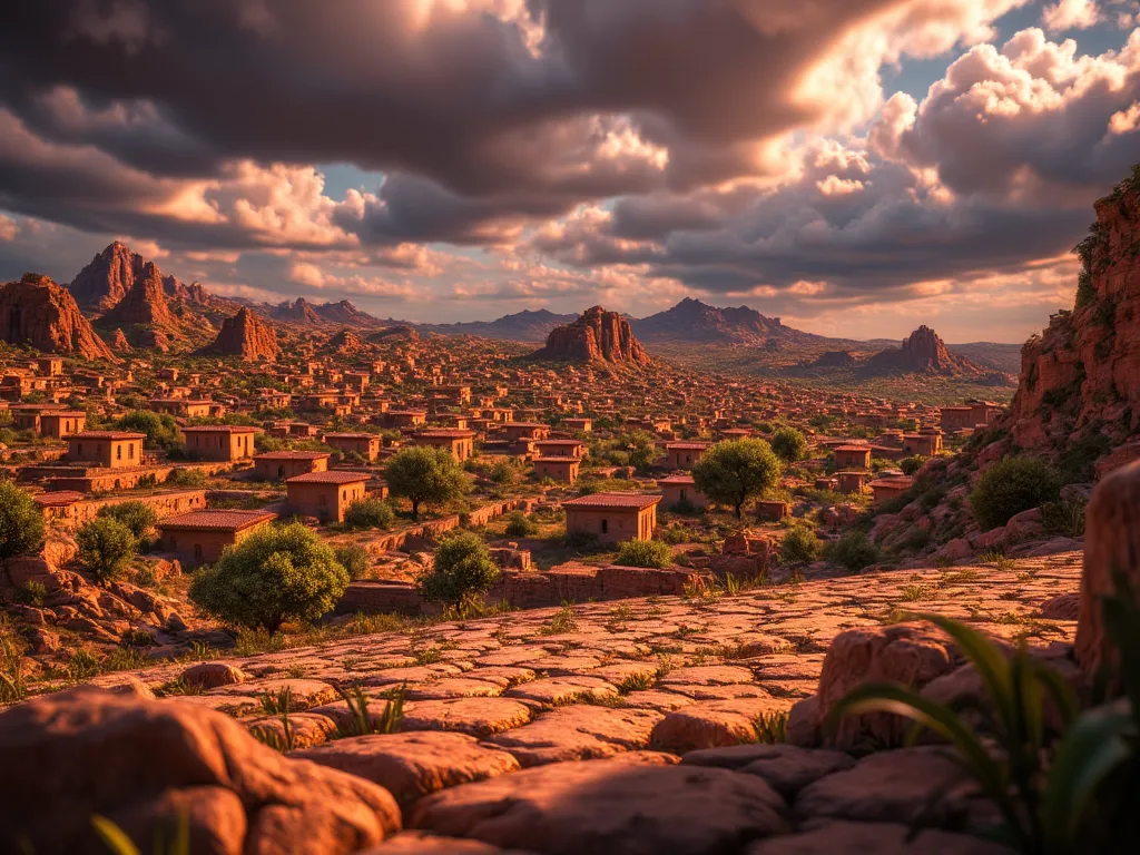 a panoramic view of the ancient cities of sodom and gomorrah in the distance, with worn-looking stone and mud buildings. the cit...