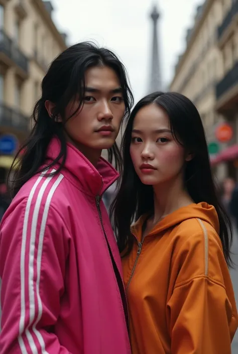 A skinny Asian man with long hair, 18 years old, wearing a pink Adidas jacket with a girl who looks like the Mona Lisa painting. They are in Paris. 