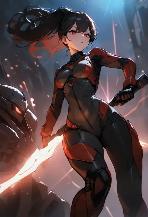 masterpiece,Best Quality, super quality,black red powered suit ,Female Characters, was an enemy but later became an ally,Master of melee weapons ,cool,Near future