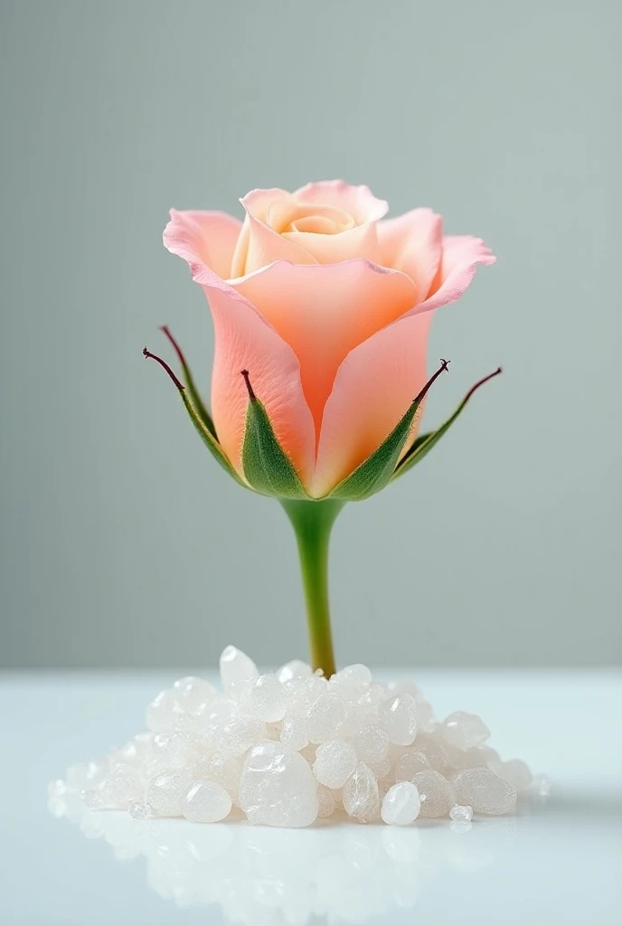 An opening rosebud with a pile of very small white crystals