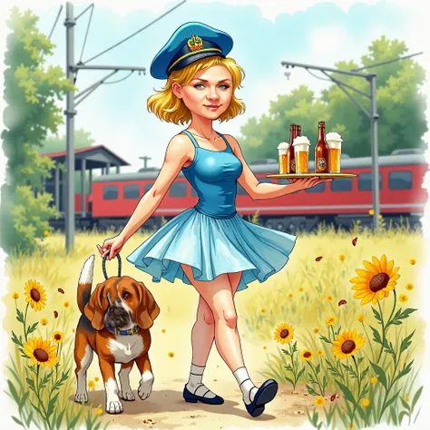  Ukraine, Bright cheerful HIGHLY DELICATED watercolor portrait, SMILES VERY SLY AT US,  blonde, ABOUT FIFTY, A NOT THIN BALLERINA WITH A BIG TORSO, DRESSED IN A TUTU, IN POINTE SHOES, ON HER HEAD A BLUE TRAIN CONDUCTOR CAP FROM THE USSR, WALKING ON A LEASH...