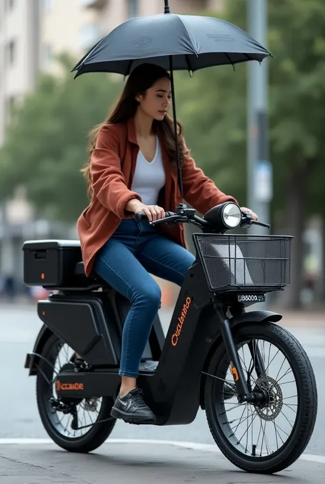 1.with umbrella 
2.rear basket 
1 .  Touchscreen 
1 .  Is tied to a pole with a lock 
2 .  front LED lights for night visibility
5.  Two pedals for easy pedaling .

Say CyclePro as the logo . 