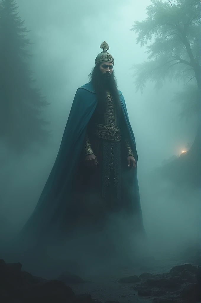 Image Prompt: A dark, swirling mist appears around King Vikram, signifying the mysterious journey ahead. His expression is now one of uncertainty and curiosity.
