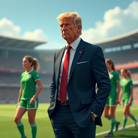 a soccer coach in a suit following a soccer match for his womens team. Your team wears a green jersey. 