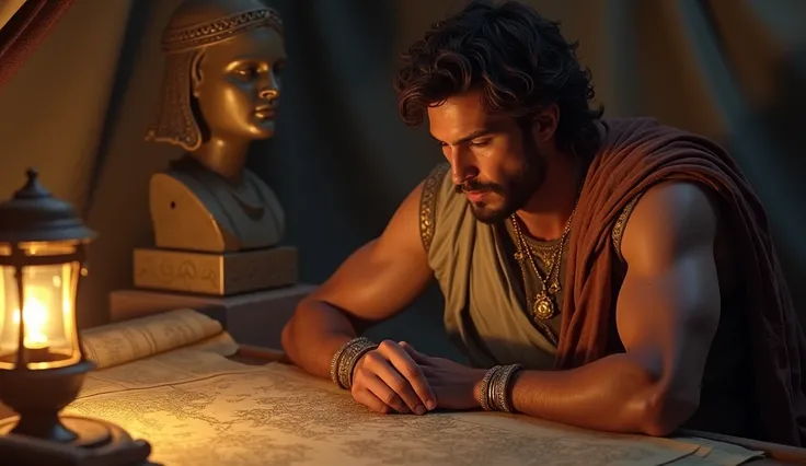 Depict Alexander in his tent at night, studying maps with intense concentration. The soft glow of lanterns lights his face, revealing a mix of ambition and determination. Around him are artifacts from his conquests—Persian scrolls, Greek sculptures, and a ...