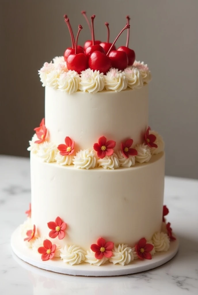  I want this cake 
This cake is cylindrical in shape ,  covered with white icing and decorated with small flowers in shades of red .  on the top ,  has rosettes of cream and cherries with a shiny finish that give it a decorative touch.

 To make a cake sim...