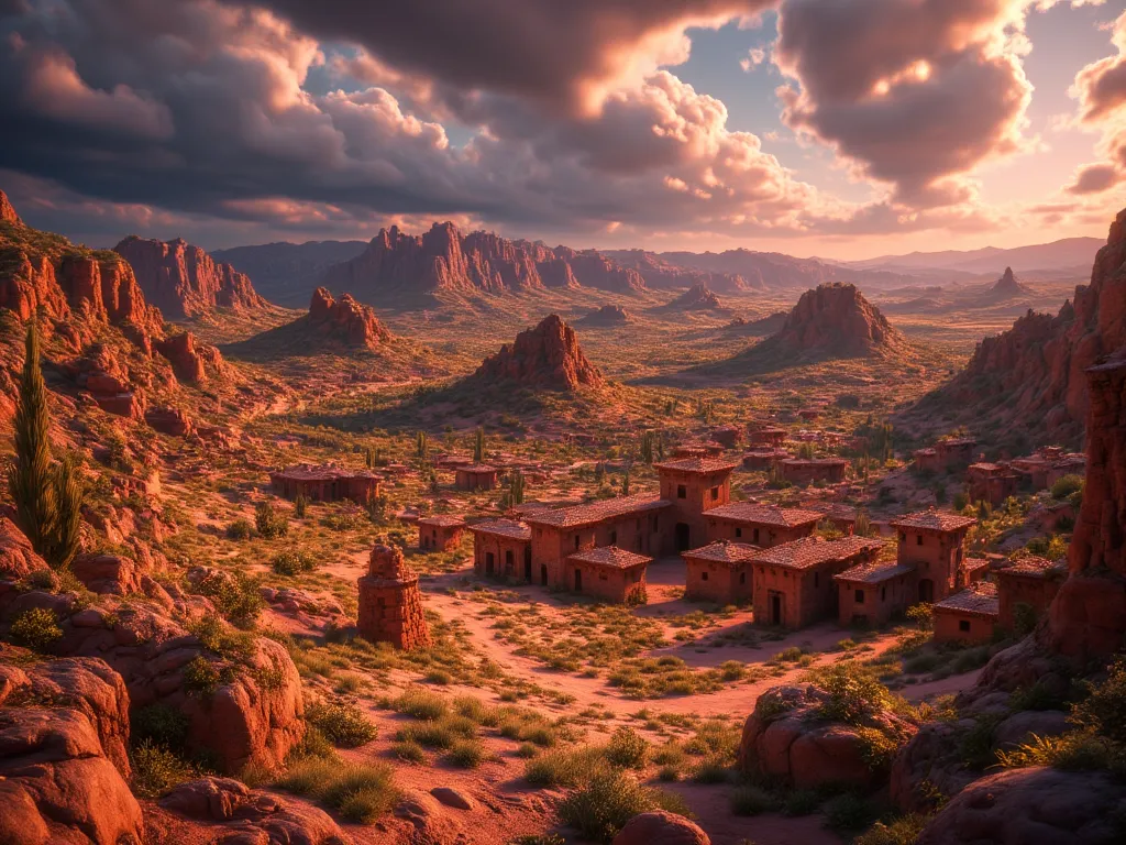 panoramic view of the cities of sodom and gomorrah in the distance ,  with stone and clay buildings that look worn out .  the ci...