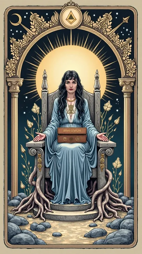  Imagine a detailed and symbolic painting that represents the Tarot card  "To the High Priesthood",  with the character Renata from the series  *The OA*  such as the central figure .  The scene takes place in a mystical and ethereal space ,  that mixes nat...