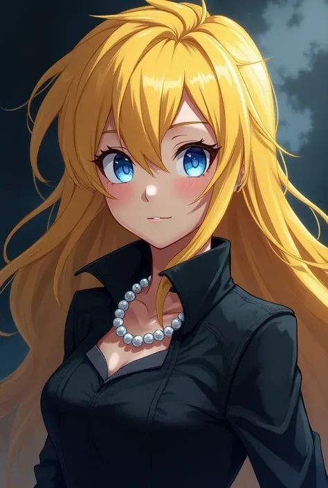 Make Maria Robotnik an anime girl with long hair , yellow,  blue eyes , white pearl necklace, Disguised as Shadow the Hedgehog.