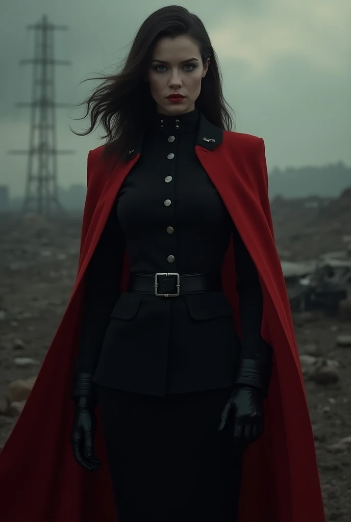 arafed woman in uniform with red cape and black coat, wojtek fus, anya taylor - joy vampire queen, in black military uniform, by maxim verehin, maxim sukharev, girl wearing uniform, wonderful dark hair, ww2 era, anya taylor - joy, anya taylor-joy, alexey e...