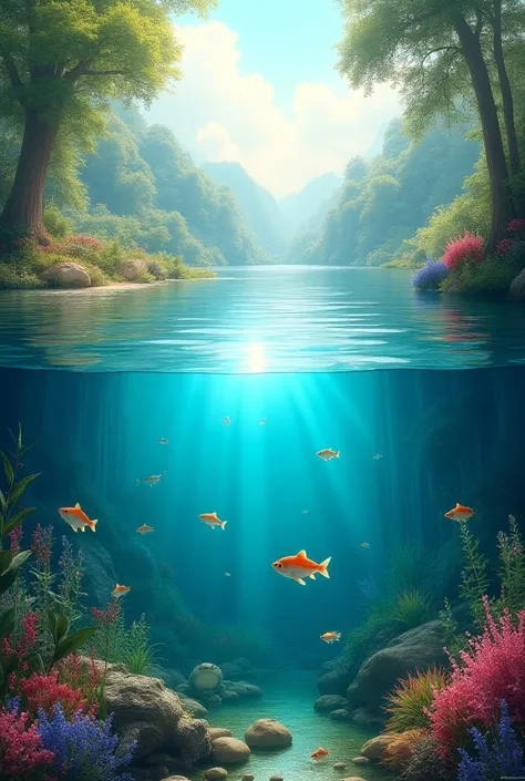 A beautiful real vivid picture of the lake with sun rays underwater half land half underwater with small fish and plants and lots of sea animals theme: The lake is an ecosystem landscape format and with many lake inhabitants and plants in water as well as ...