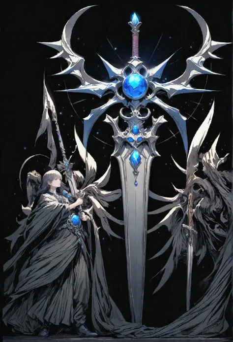 Sword with a blue pearl on its wizard on a black background 