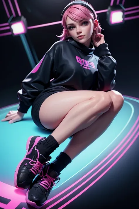 Cute girl with pink hair,  blue eyes ,  seductive smile , black sweatshirt, AuriculAres,  black socks , sports shoes, cyberpunk,  looking at the spectator, dynamic position, magnificent anatomy ,  masterpiece , super detail,  lyrics,  natural lighting ,  s...