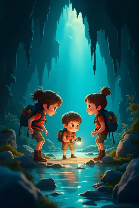 An illustration of the adventurous boy and two adventurous girls looking at each other in a mirror in the cave 



