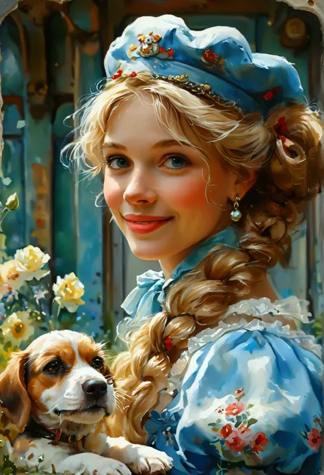 Ukraine, Bright cheerful HIGHLY DELICATED watercolor portrait, SMILES VERY SLY AT US,  blonde, ABOUT FIFTY, A NOT THIN BALLERINA WITH A BIG TORSO, DRESSED IN A TUTU, IN POINTE SHOES, ON HER HEAD A BLUE TRAIN CONDUCTOR CAP FROM THE USSR, WALKING ON A LEASH ...