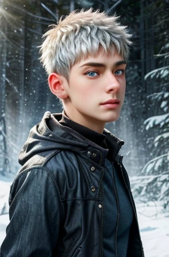 The personification of winter itself in an 18-year-old human body, possessing a cold, ethereal beauty with white hair, deep blue eyes, and pale, almost milk-colored skin body, his body is slim yet defined, wearing only pants, sanguine temperament, playful,...