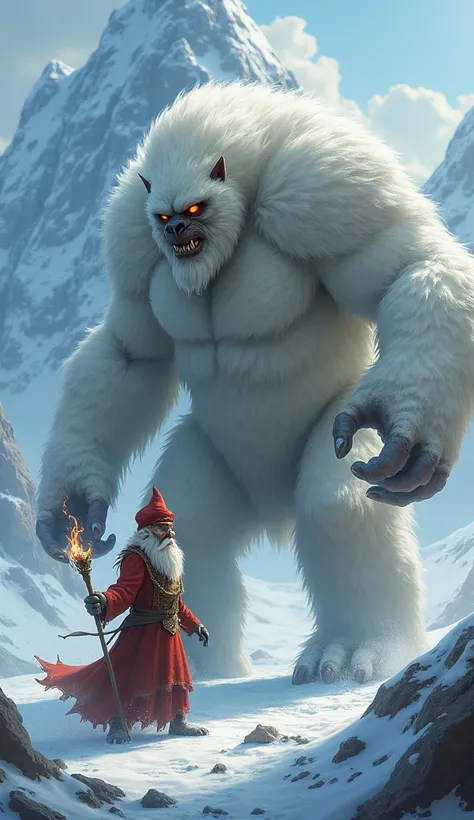 Create a 9:16 photorealistic image of a yeti and a saci facing each other with angry and hostile appearances
