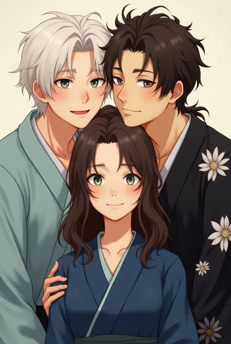 Family picture, two young men in the back, left one leans his head on the right one and the right one has an arm around him, in front of them is a girl, the man on the left is handsome, has pale skin, has straight open white hair reaching down to his but, ...