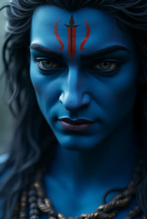 Shiva’s Blue Throat (Neelkanth): Close-up of Shiva’s face and neck, highlighting his blue throat, symbolizing his act of drinking poison to save the world.