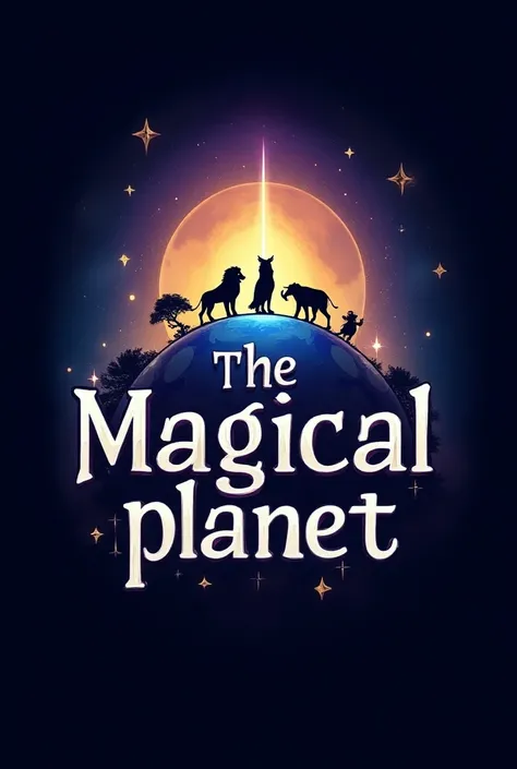 "Design a mystical logo for The Magical Planet featuring a glowing planet, animal silhouettes (lion, owl, elephant), and magical elements like stars and sparkles.
Use cosmic colors like deep blues, purples, and gold for a magical, celestial vibe."