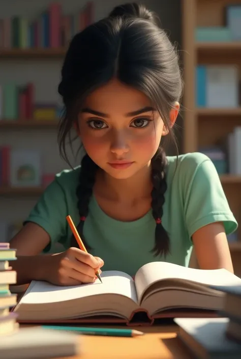 "Create a hyper-realistic image of an indian high school girl studying with focus symbolizing skill development."