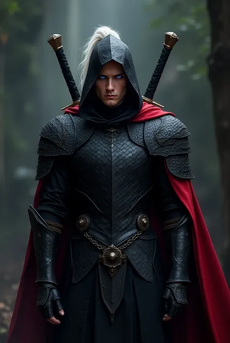 White-haired, purple-eyed male elf.  Covered in black armor made of dragon scales with a red cape and a black hood the same. With two swords behind his back 
