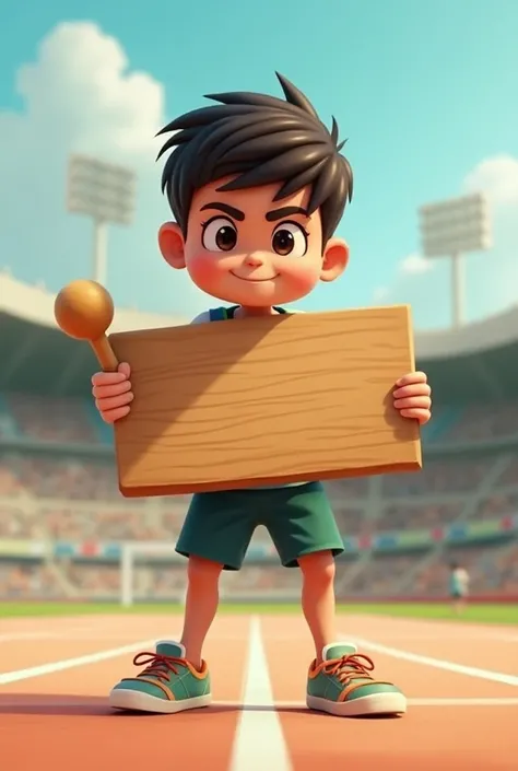 shotputer hold a wooden text board by left hand and hold a shot in right hand in that wooden text board type 
“I need to win the shot put event at the Colombo District Athletic Meet.”Use only english word
 make as a cartoon use correct words 