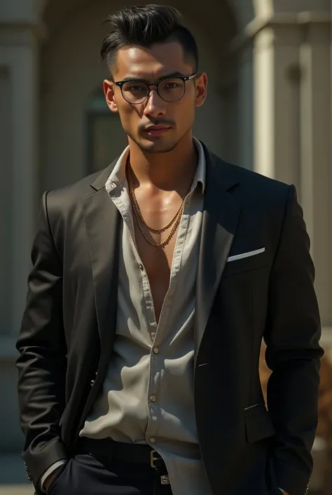 Homme grand, musclé, fit. Style vestimentaire travaillé et original. Du charme, du charisme. Cheveux originaux. Avec des lunettes. 