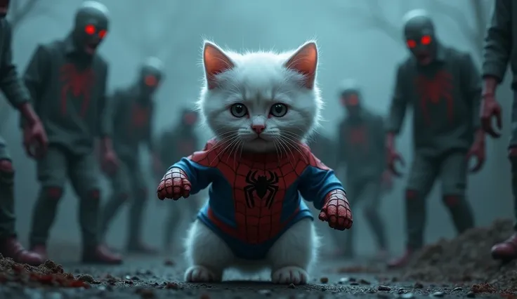 A white kitty wearing spider Man uniform having zombie virus behind her zombies are standing at night 