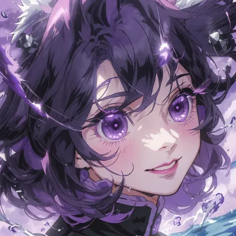 1boy, femboy, solo, headshot, face close up, ultra detailed, beautiful anime anime boy with fluffy and spiky black hair and purple eyes, fluffy hair, spiky hair, big hair, black hair, purple eyes, shoulder length hair, detailed violet eyes, vibrant purple ...