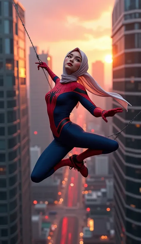 realistic image : A beautiful Korean woman wearing a hijab and a fitted Spiderman costume, posed swinging with a web among tall skyscrapers in a bustling metropolitan city. Her hijab adds a unique touch to the classic Spiderman suit, symbolizing strength a...