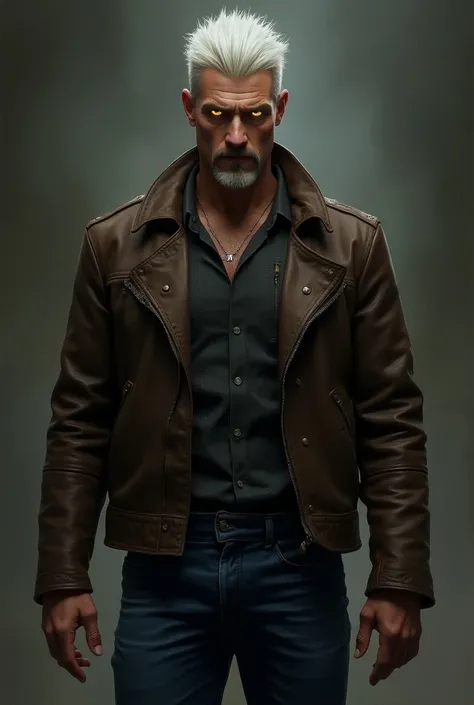  A man with watchful golden eyes and white short hair. His body is big ,  slim and muscular . He is wearing a brown leather jacket and blue jeans .  His skin is light and he looks mysterious. 