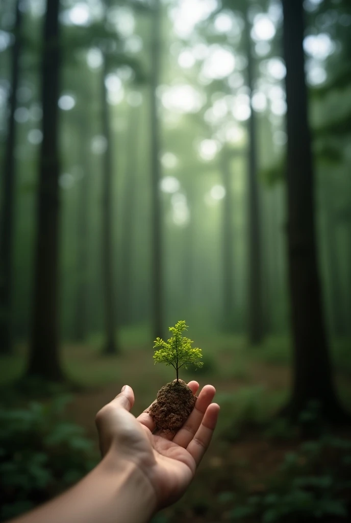 image of a small hand in the image ,  seen
 laterally in the foreground 
 holding a small tree ,  with a large forest background setting showing the sky and the canopy of the trees and with a blur effect.