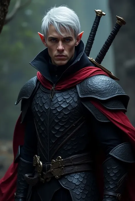 White-haired, purple-eyed male elf.  Covered in black armor made of dragon scales with a red cape and a black hood the same. With two swords behind his back 
