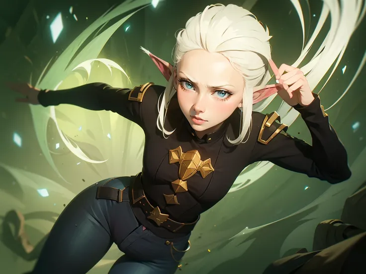 
1girl, solo, lady elf, ((white hair)), ((green eyes)), pants, long sleeves, pointed ears. ((black clothes)), forehead, t-shirt, jeans
